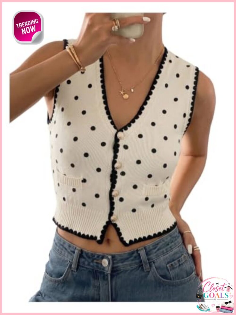 Polka Dot Button Up Cropped Sweater Vest V-Neck Sleeveless Y2K